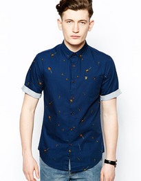 Shirt with Dandelion Print with Short Sleeves in Slim Fit