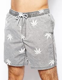 Swim Shorts With Leaf Print In Mid Length
