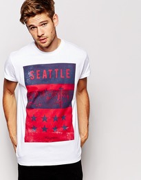 T-Shirt With Seattle Print And Rolled Sleeve Skater Fit