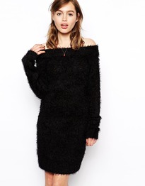 Knitted Fluffy Dress With Bardot Neck