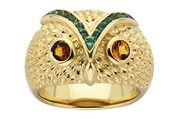9k yellow gold karen walker emerald and citrine owl ring