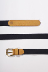 webbing tape/leather belt, mustard/navy
