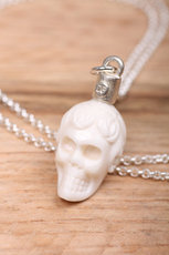 rose hair skull necklace, bone