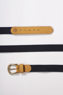 webbing tape/leather belt, mustard/navy