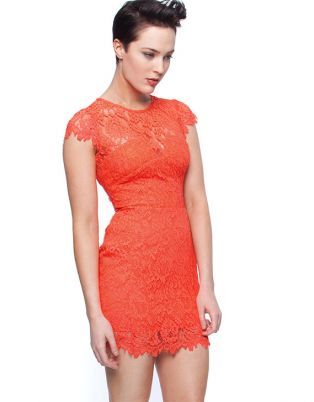 Neon Lace Cap Sleeved Dress in Neon Orange