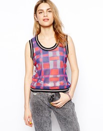 Cropped Singlet in Chiffon Check with Contrast Trim