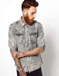 Western Shirt In Long Sleeve With Black Acid Wash Denim