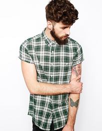 Shirt In Short Sleeve With Green And White Linen Check