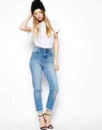 Farleigh High Waist Slim Mom Jeans In Mid Wash Blue With Busted Knees