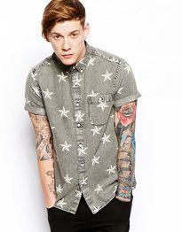 Denim Shirt In Short Sleeve With Star Print