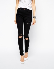 Ridley High Waist Ultra Skinny Jeans in Clean Black with Thigh Rips and Busted Knees